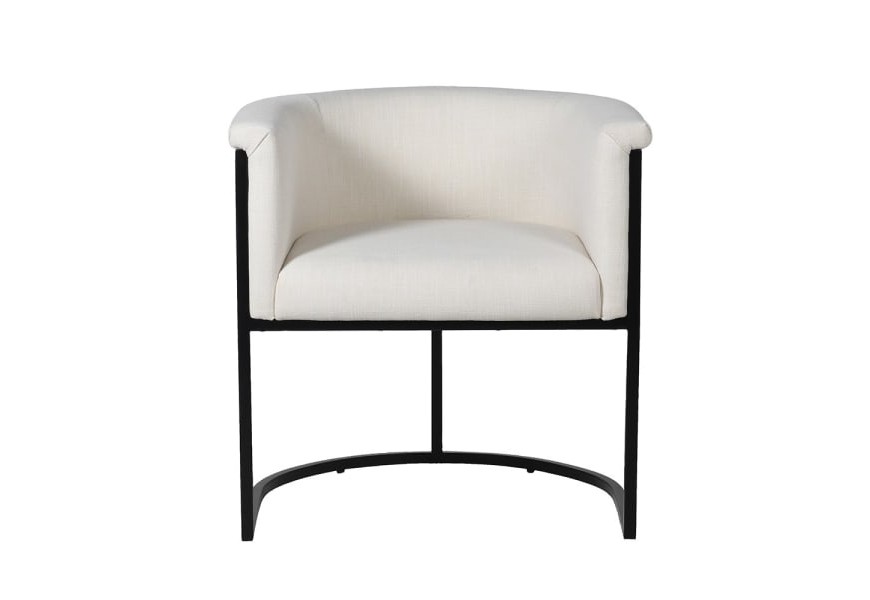 Art-deco stylová jídelní židle Avalon se zaobleným opěradlem s bílým lněným čalouněním as černou kovovou konstrukcí