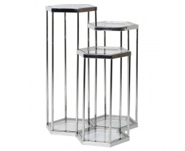 Designový trojitý příruční stolek Helvete v art deco stylu s kovovou konstrukcí šestiúhelníkového tvaru se skleněnou výplní