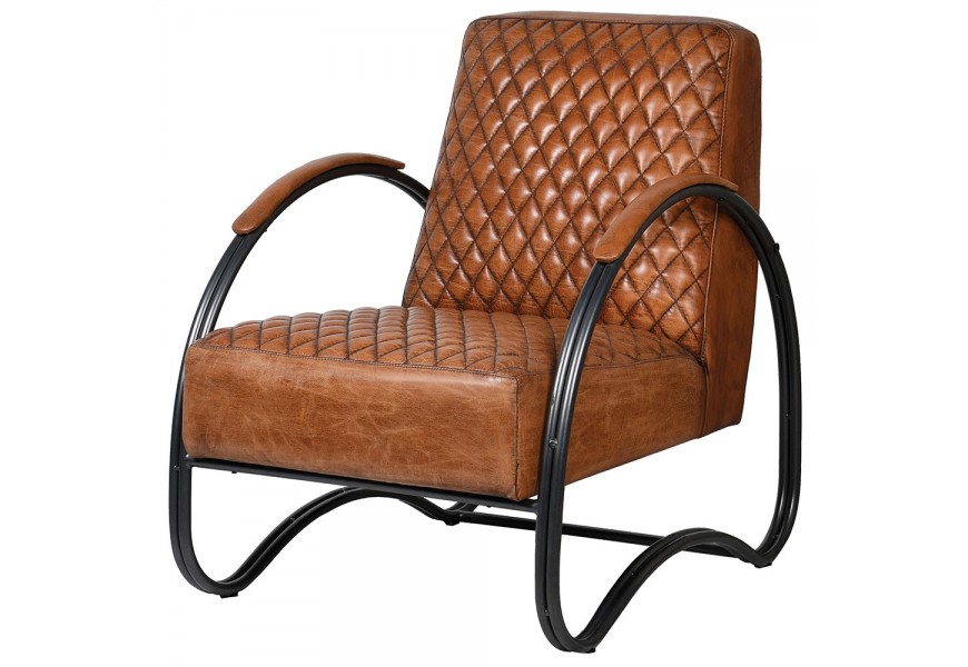 Hnědé kožené křeslo Serhy z pravé kůže s černou kovovou konstrukcí s retro vzorovaným čalouněním 89cm