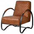 Hnědé kožené křeslo Serhy z pravé kůže s černou kovovou konstrukcí s retro vzorovaným čalouněním 89cm