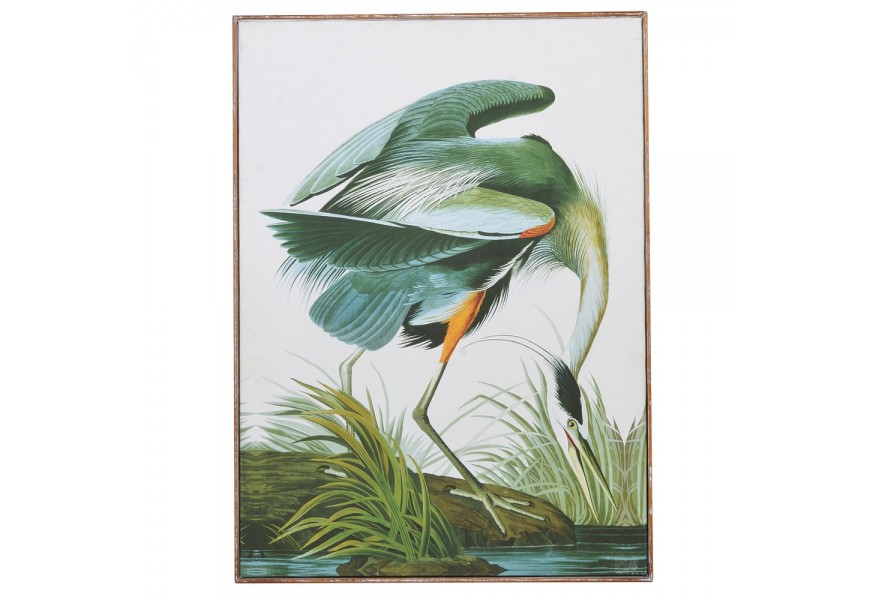 Obraz Crane se vzhledem tropického jeřábu v dřevěném rámu hnědé barvy