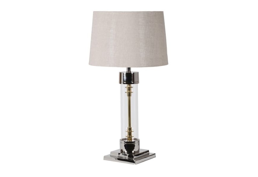 Designová skleněná stolní lampa Glenn v art-deco stylu s béžovým stínítkem a kovovou podstavou