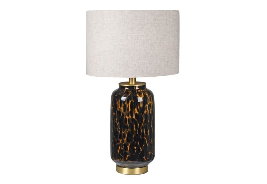 Luxusní noční lampa Meridian ze skla černo-zlaté barvy s šedobílým lněným stínítkem