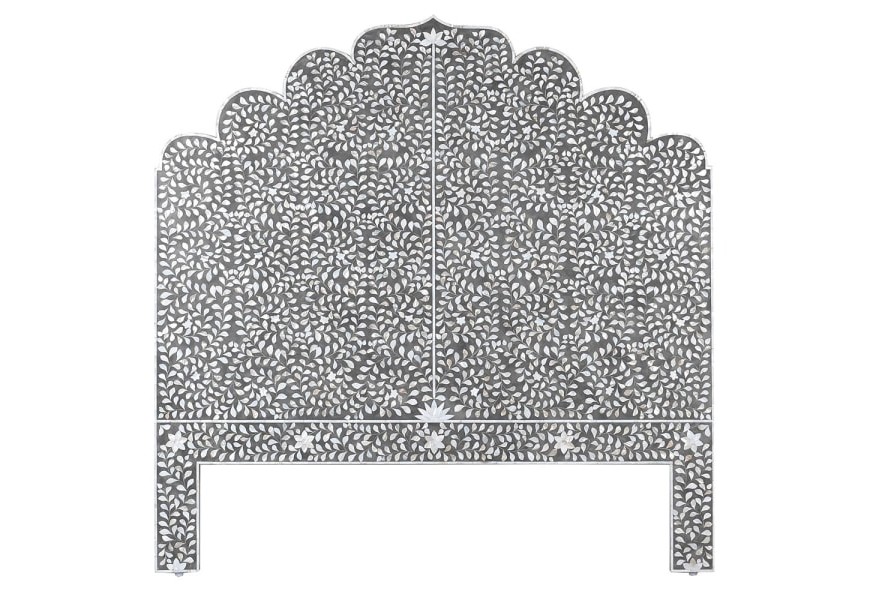 Exkluzivní dřevěné čelo postele Lorelai v orientálním stylu šedé barvy s perleťovým bílým zdobením