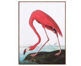 Moderní nástenný obraz vplameniaka Flamingo výraznej červené barvy na plátně v obdélníkovom ráme hnědém 113cm