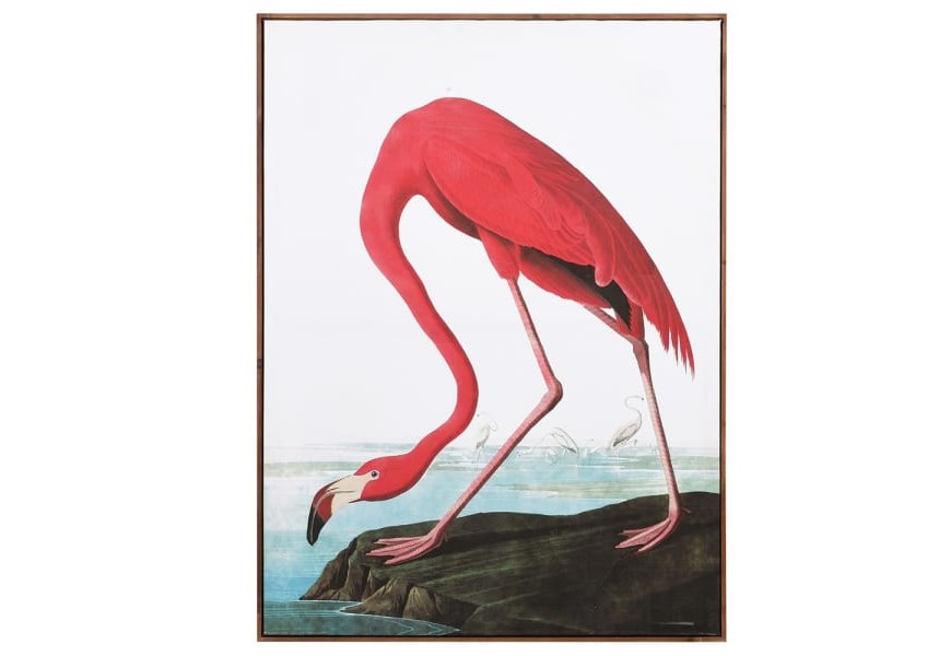 Designový moderní závěsný obraz Flamingo na plátně s plameňákem a přírodní scenérií v hnědém obdélníkovém rámu ze dřeva