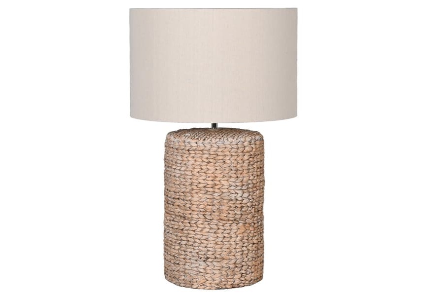 Elegantní venkovská noční lampa Alcoa s podstavou z přírodního provazu světle hnědé barvy a krémovým lněným stínítkem