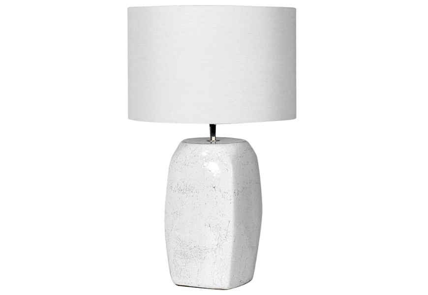 Stylová bílá noční lampa Selmer s keramickou podstavou a kulatým bavlněným stínítkem