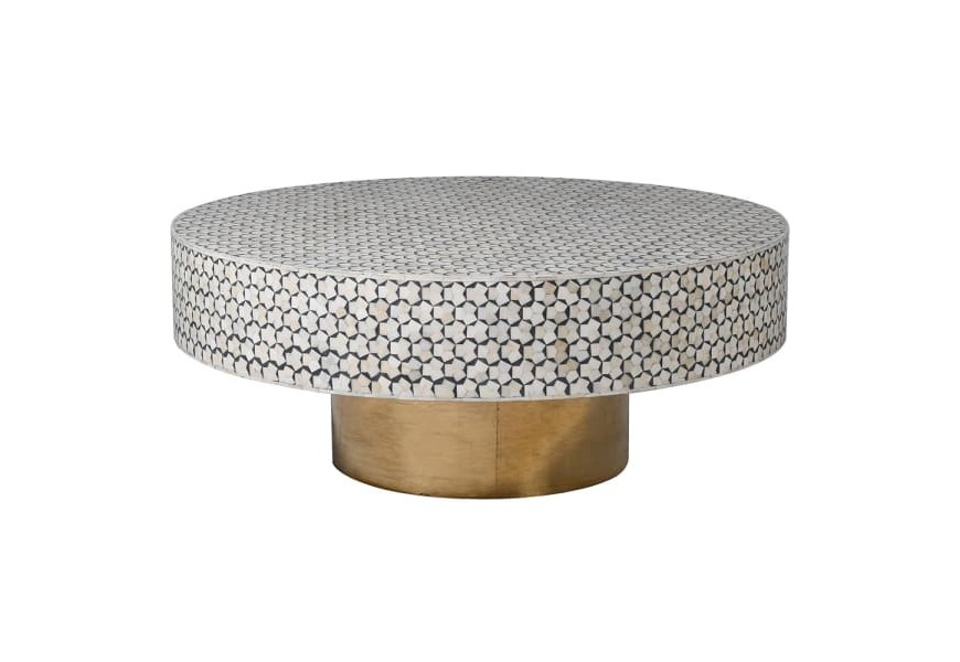 Luxusní kruhový konferenční stolek Daytona ve stylu art deco v černo-bílém provedení s intarzií a se zlatou podstavou