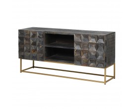 Art-deco TV stolek Relia z mangového masivu s vyřezáváním na dvou dvířkách s kovovou podstavou zlaté barvy tmavě šedý 125cm