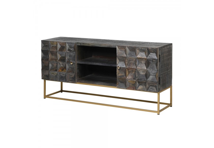 Šedý masivní TV stolek Relia z mangového dřeva v art-deco stylu s vyřezávanými dvířky a zlato zabarvenými kovovými nožičkami