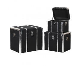 Stylový set tří vintage truhlic Sparks v luxusním černém provedení s kovovým stříbrným zdobením