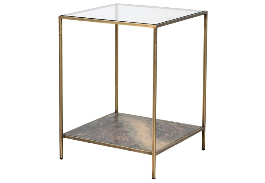 Elegantní čtvercový příruční stolek Oxidia v art deco stylu se zlatou kovovou konstrukcí a skleněnou povrchovou deskou