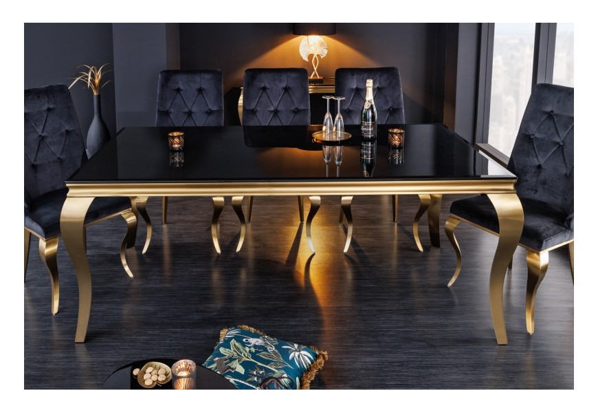 Barokní jídelní stůl Gold Barock v moderním stylu zlatá konstrukce a černé opálové sklo 200cm