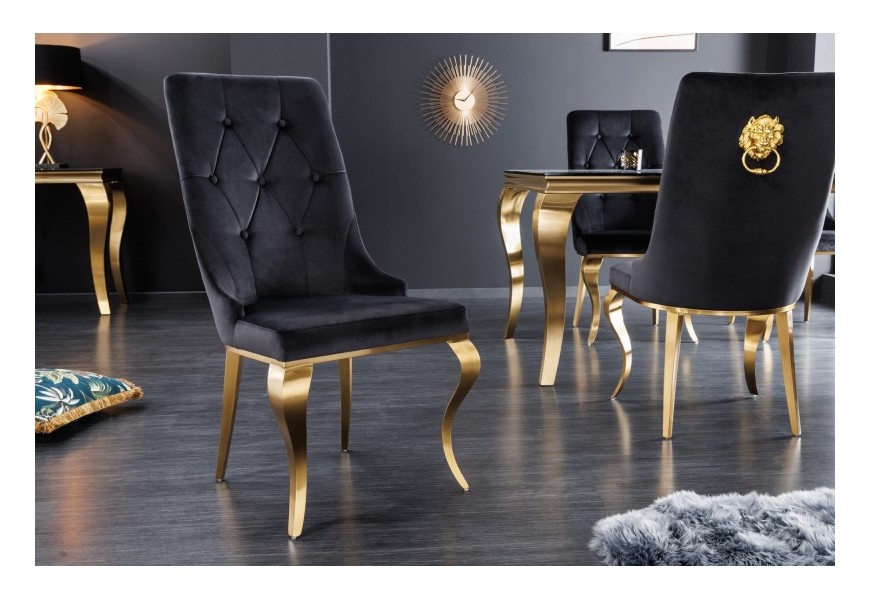 Moderní jídelní židle v barokním stylu Gold Barock zlatá/černá s klepadlem ve tvaru hlavy lva
