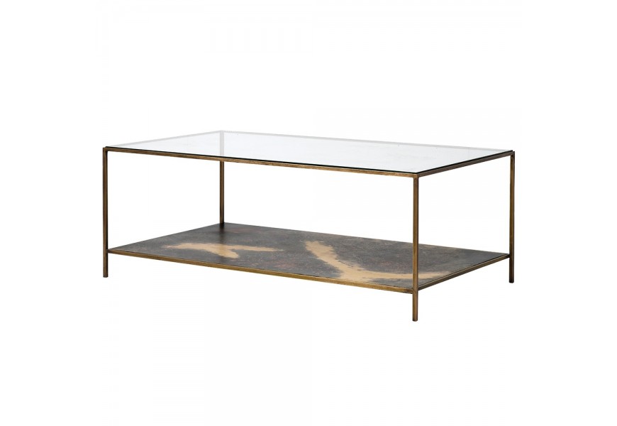 Elegantní obdélníkový art deco konferenční stolek Oxidia se zlatou konstrukcí z kovu a se skleněnou povrchovou deskou