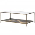 Elegantní obdélníkový art deco konferenční stolek Oxidia se zlatou konstrukcí z kovu a se skleněnou povrchovou deskou