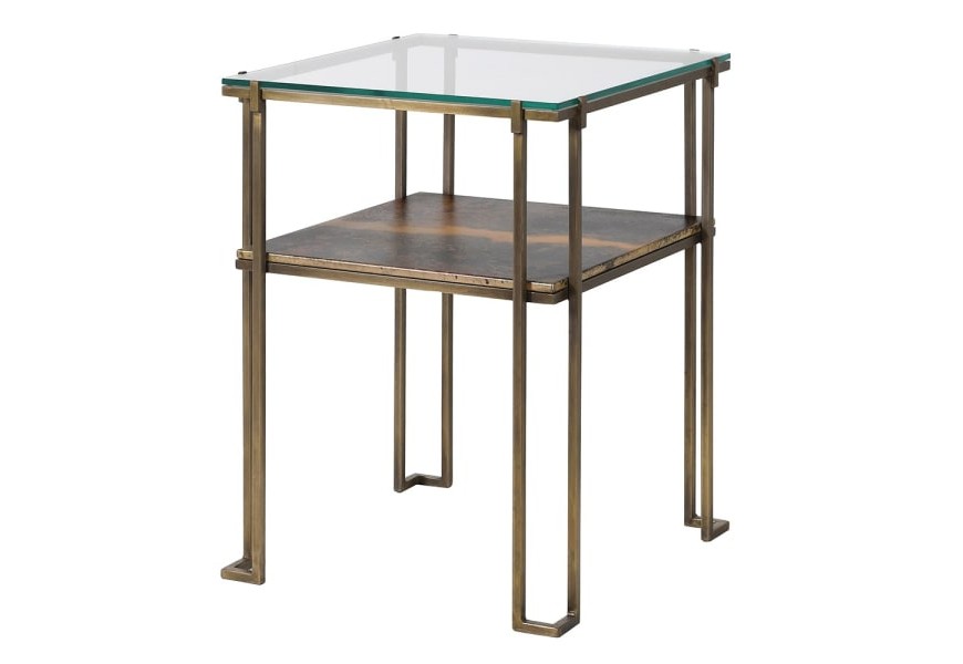 Stylový art deco zlatý příruční stolek Oxidia čtvercového tvaru z kovu a skla s patinou s efektem oxidace