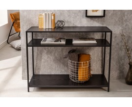 Moderní dřevěný konzolový stolek Industria Negra s černými kovovými nožičkami a dvěma poličkami provedení jasan černý 100cm