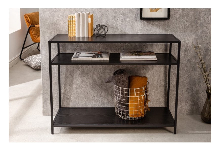 Industriální konzolový stolek Industria Negra z dýhovaného dřeva s černými kovovými nožičkami černý