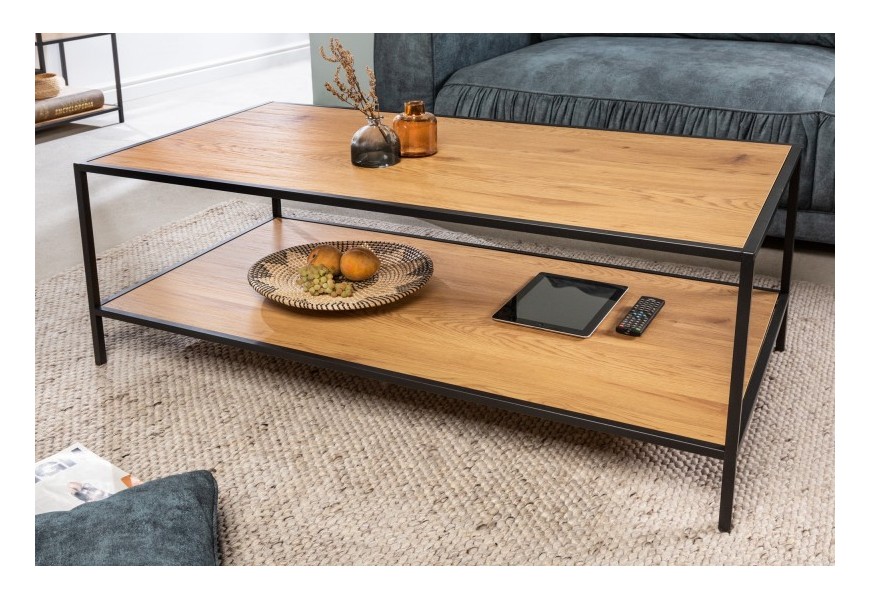 Industriální hnědý obdélníkový konferenční stolek Industria Natura z dubového dýhovaného dřeva s kovovou konstrukcí černé barvy