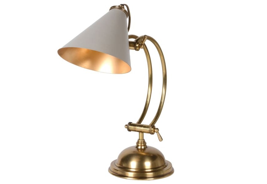 Vintage mosazná stolní lampa Brassia se zlatou kovovou konstrukcí a šedým stínítkem 47cm