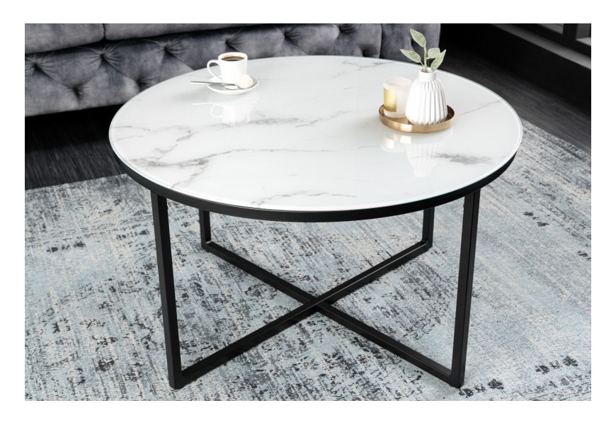 Moderní konferenční stolek Industria Marbleux s bílou skleněnou deskou s mramorovým vzhledem a černými nožičkami z kovu kulatý