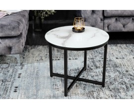 Designový kulatý příruční stolek Industria Marbleux v bílém industriálním mramorovém provedení s černou podstavou z kovu