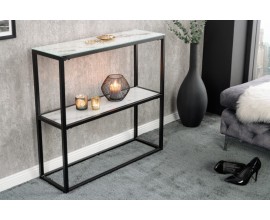 Industriální konzole Industria Marbleux se skleněnou deskou v provedení bílý mramor s černou kovovou konstrukcí 81cm