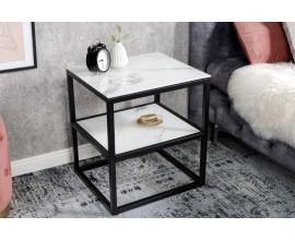 Industriální noční stolek Industria Marbleux z bezpečnostního skla s bílým mramorovým vzhledem s černou kovovou podstavou 45cm