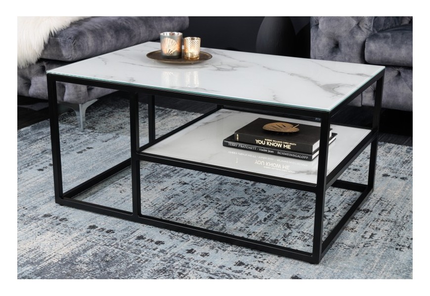 Moderní obdélníkový konferenční stolek Industria Marbleux se skleněnými deskami v mramorovém provedení s černou kovovou podstavou