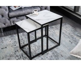 Moderní set příručních stolků Industria Marbleux s černou kovovou podstavou v provedení mramor bílý 55cm