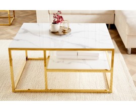 Mramorový obdélníkový konferenční stolek Gold Marbleux v provedení bílý mramor s podstavou ve zlaté barvě z kovu
