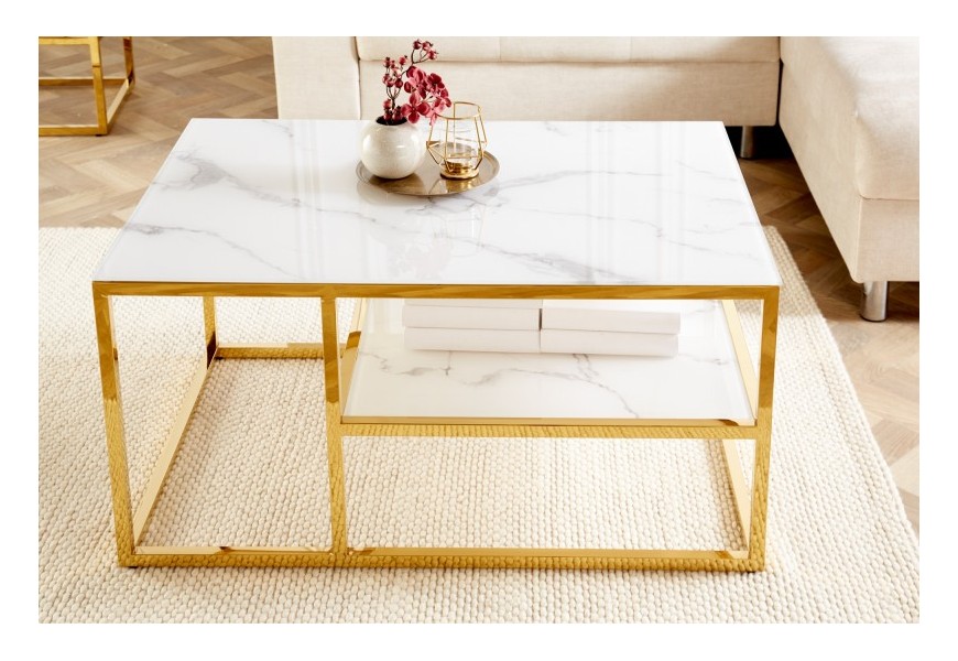 Mramorový obdélníkový konferenční stolek Gold Marbleux v provedení bílý mramor s podstavou ve zlaté barvě z kovu