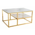 Luxusní obdélníkový konferenční stolek Gold Marbleux se dvěma deskami s bílým mramorovým vzhledem s kovovou podstavou zlatá