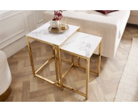 Set dvou moderních příručních stolků Gold Marbleux v provedení bílý mramor s kovovou podstavou ve zlaté barvě 55cm