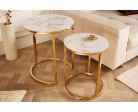 Art-deco set příručních stolků Gold Marbleux v moderním stylu s kovovou postavou zlaté barvy s mramorovým vzhledem 60cm