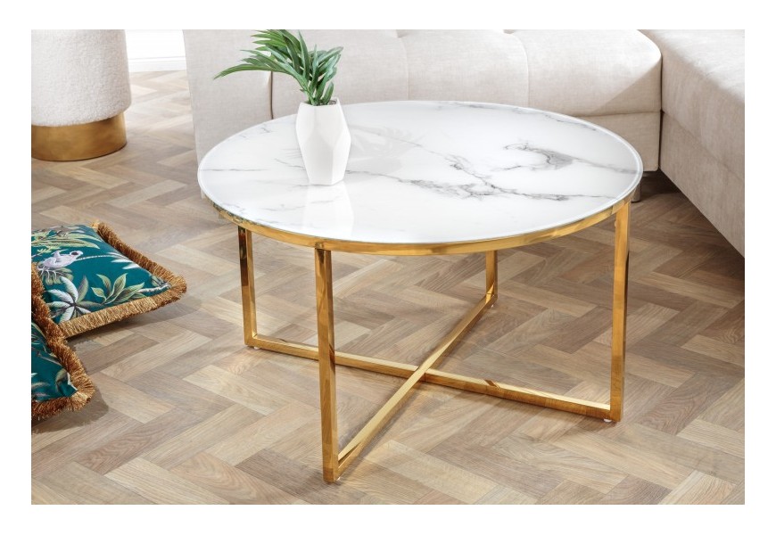 Moderní konferenční stolek Gold Marbleux s kovovou podstavou ve zlaté barvě se skleněnou deskou v provedení bílý mramor