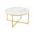 Moderní kulatý konferenční stolek Gold Marbleux s bílou mramorovou deskou ze skla s kovovou podstavou ve zlaté barvě