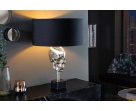 Art deco stříbrná stolní lampa Uma s kovovou lebkou, černým kulatým stínítkem a mramorovou podstavou 56cm
