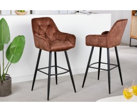 Designová barová židle Mast v hnědém sametovém prošívaném čalounění s kovovými nožičkami černé barvy