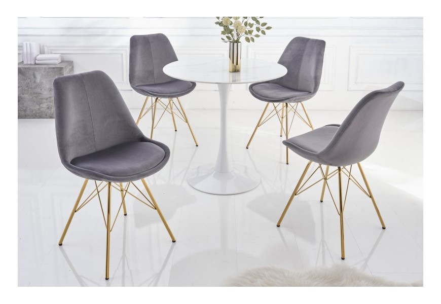 Art deco moderní jídelní židle Scandinavia s tmavě šedým sametovým čalouněním a zlatýma nohama 86cm