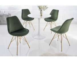 Art deco designová jídelní židle Scandinavia s tmavě zeleným sametovým potahem a zlatýma nohama z kovu 86cm