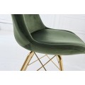 Art deco designová jídelní židle Scandinavia s tmavě zeleným sametovým potahem a zlatýma nohama z kovu 86cm