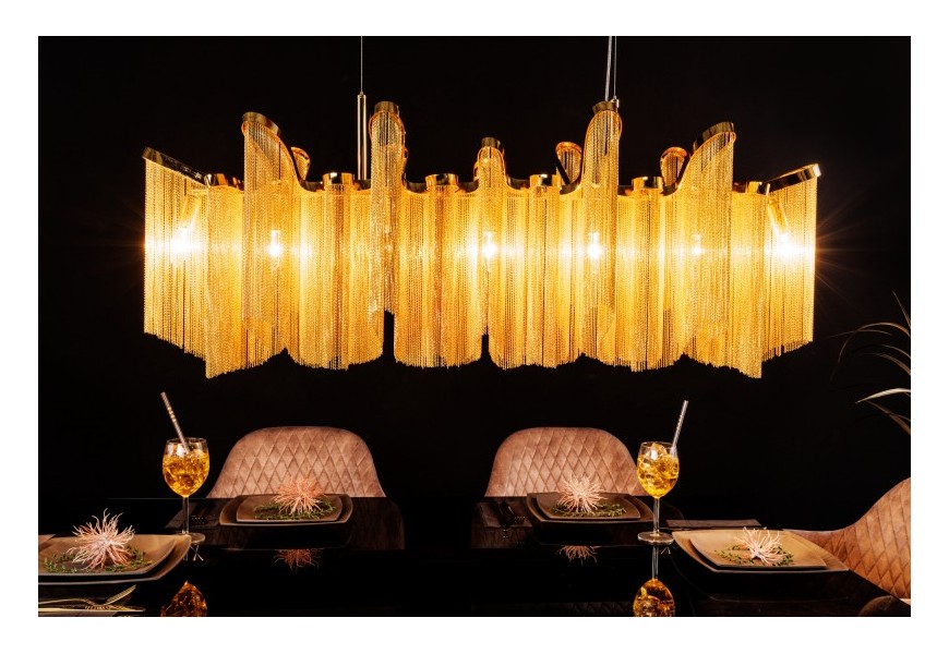 Luxusní art deco lustr Odilon z kovu zlaté barvy s řetězovým zdobením 118cm