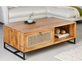 Venkovský konferenční stolek Selina do obývacího pokoje z masivního dřeva přírodně hnědé barvy s ratanovým výpletem 120cm