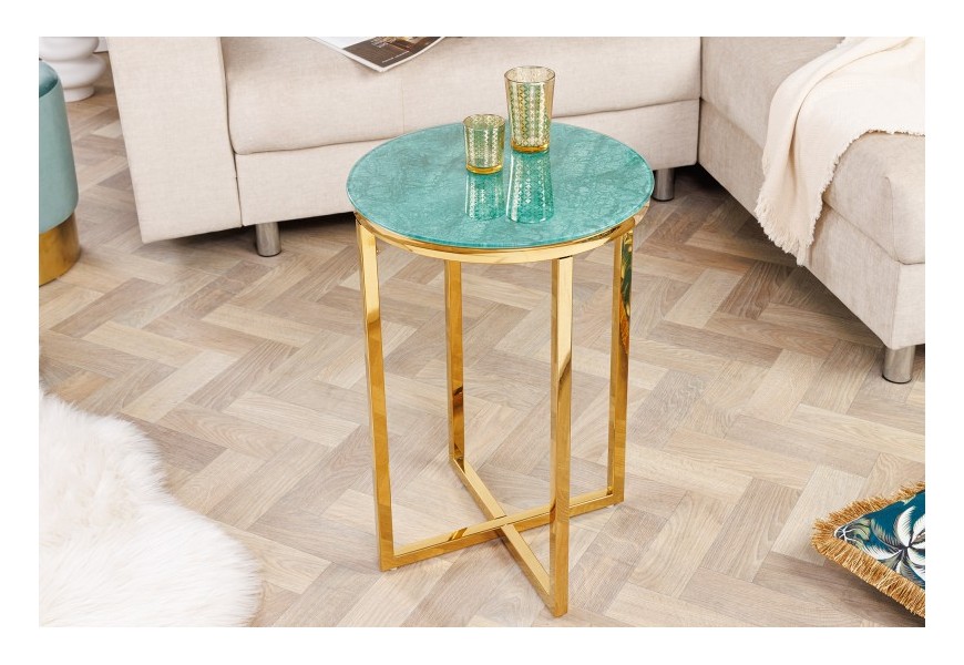 Luxusní art deco příruční stolek Elements ve zlato-tyrkysovém provedení s mramorovým efektem a kovovou konstrukcí
