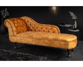 Designová prošívaná lenoška Chesterfield s hořčicově žlutým sametovým potahem a masivníma nohama 170cm