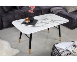 Art deco mramorový konferenční stolek Nudy s bílou povrchovou deskou a černým kovovým nohama 110cm
