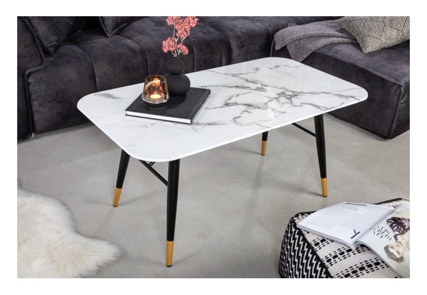 Exkluzivní art deco konferenční stolek Nudy bílé barvy s mramorovým efektem a černými kovovými nožičkami